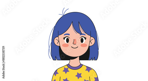 Cute cartoon girl with bright blue hair and a star-patterned shirt smiles warmly.
