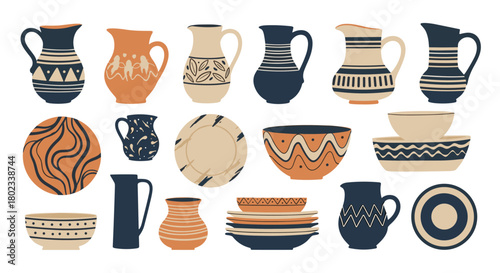 Collection of decorative pottery including jugs, bowls, and plates with geometric and abstract patterns.