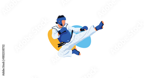 Martial arts athlete performing a dynamic high kick while wearing protective gear and a uniform.