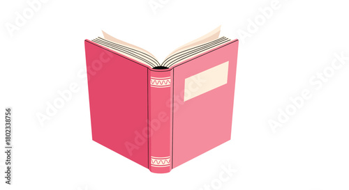 An open pink book lies on a white background with pages slightly fanned out.