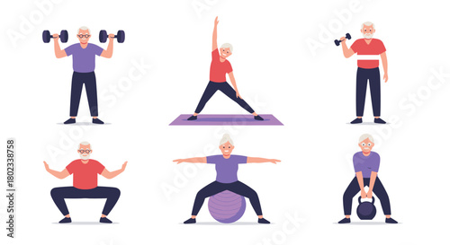 Seniors engaged in various fitness activities, showcasing an active and healthy lifestyle.