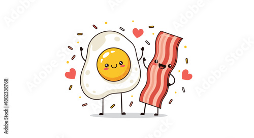 Cute cartoon fried egg and bacon strip characters celebrating with confetti and hearts.