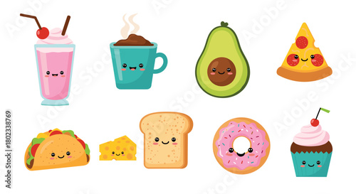 Cute and colorful cartoon food illustrations with happy faces, ideal for children's content.