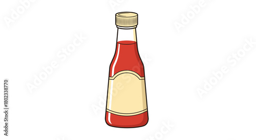 A cartoon illustration of a red sauce bottle with a cream-colored label and a ribbed cap.