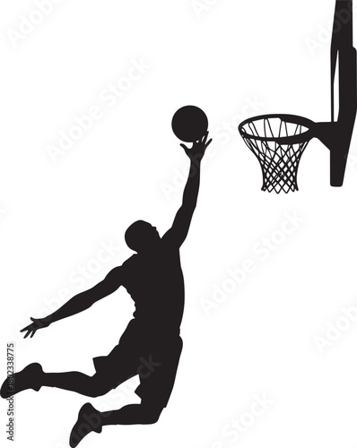 Silhouette Illustration of Basketball Player Scoring with Slam Dunk Action Isolated