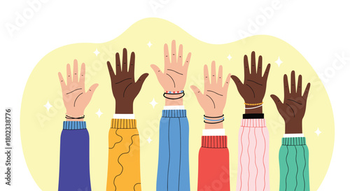 Illustration of diverse hands raised up in unity and support against a yellow background with sparkles.