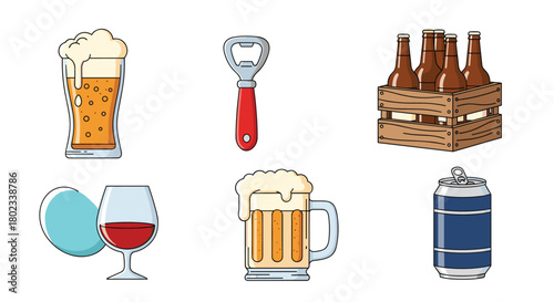 A collection of alcoholic and non-alcoholic beverage-related items, including beer, wine, and a bottle opener.