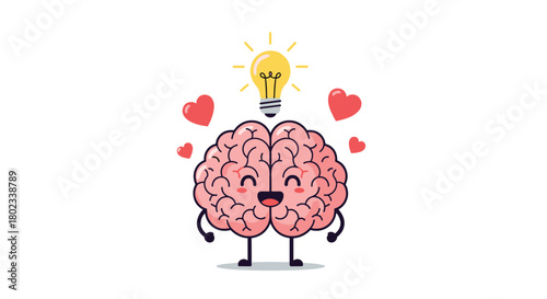 Cute cartoon brain with a lightbulb and hearts, representing a bright idea and love.