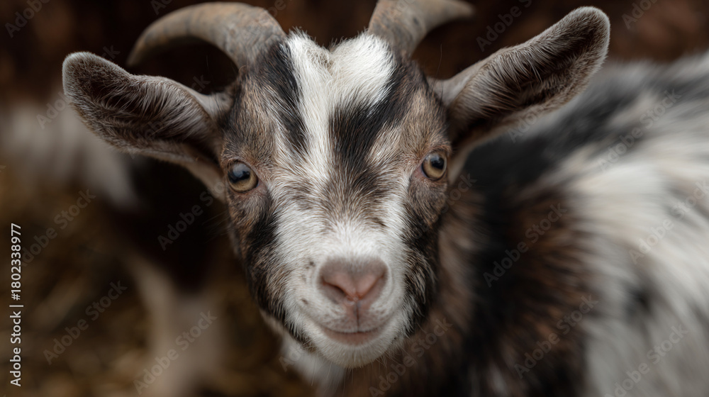 Fototapeta premium Close-up of a smiling baby goat with curved horn.