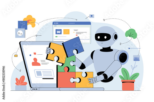 Robot assembling a puzzle on a laptop screen, representing AI and integration.
