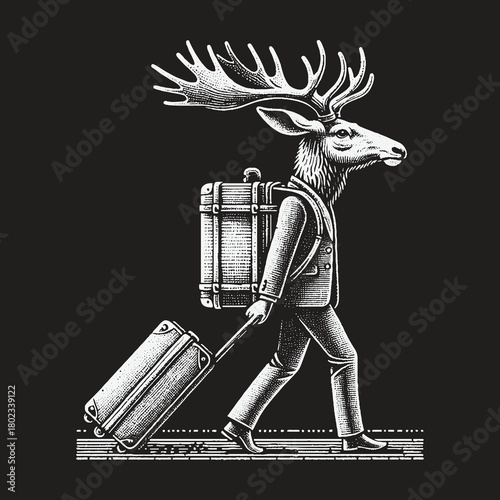 Anthropomorphic Moose Traveler with Suitcases in Black and White.