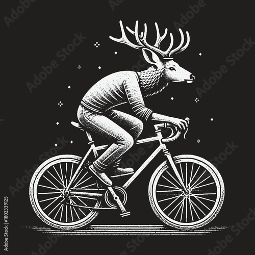 Whimsical Anthropomorphic Deer Riding a Bicycle at Night.