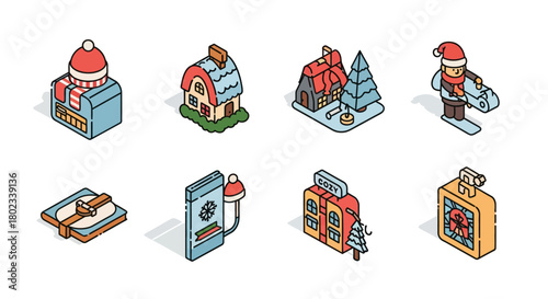 Festive isometric winter icons including gifts, houses, snowman, and skier in holiday colors
