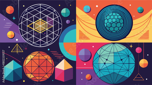 Four vibrant banners featuring various geometric shapes and colorful circles arranged in a dynamic layout..eps