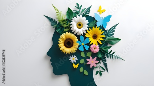 National Mental Health Provider Appreciation Day Silhouette of human head with colorful flowers and green leaves in profile view.