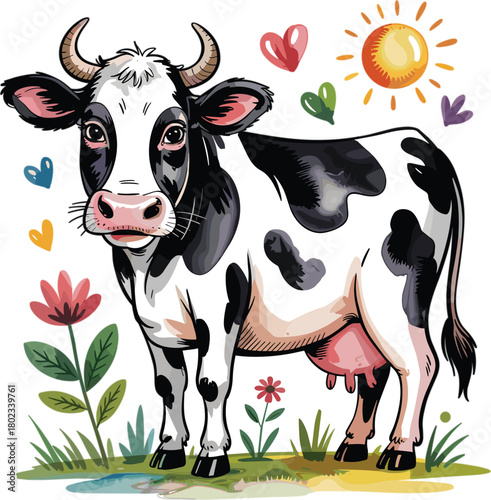 Black and white cow with pink udder standing in grassy field with flowers farm animal
