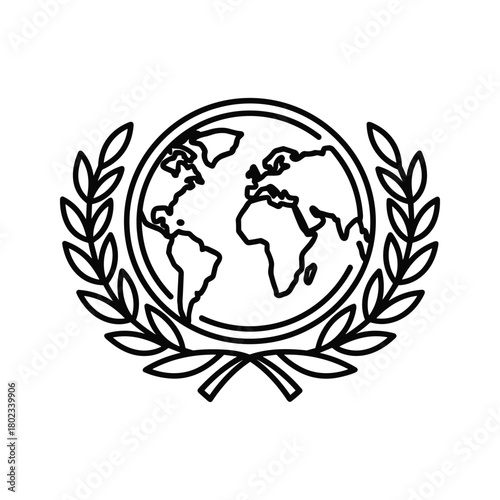 Global peace and unity symbol with a line art earth globe surrounded by an elegant olive branch wreath