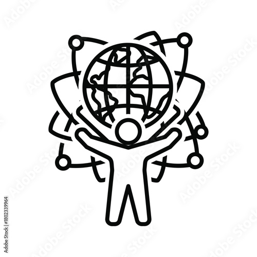 Global network connection concept icon featuring a person holding up the earth with interconnected nodes