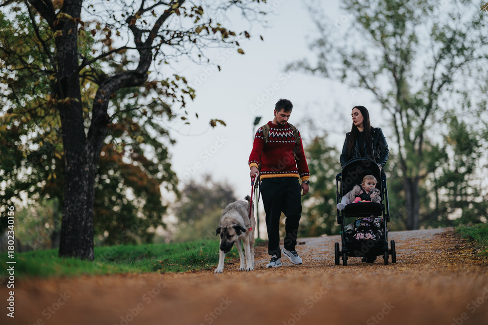Obraz premium A man in a red sweater walks a large dog while a woman pushes a baby stroller along a leaf-covered path in an autumn park. Calm, family moment in nature.