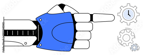 Robotic hand pointing at clock and gears, symbolizing automation, efficiency, productivity, time optimization, innovation, teamwork, and mechanical systems. Ideal for simple flat metaphor