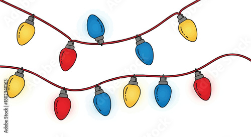 Bright and vibrant holiday string lights with red, yellow, and blue bulbs, ideal for festive occasions, isolated on