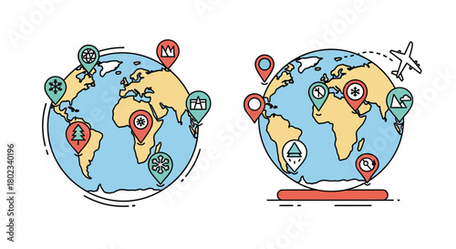 Map markers on globes highlighting popular tourist destinations and travel icons