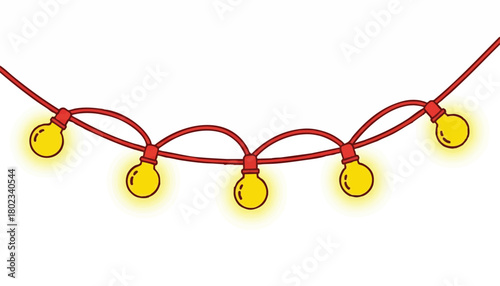 A vibrant string of five glowing yellow light bulbs on a red wire, perfect for festive decorations and celebrations, isolated on