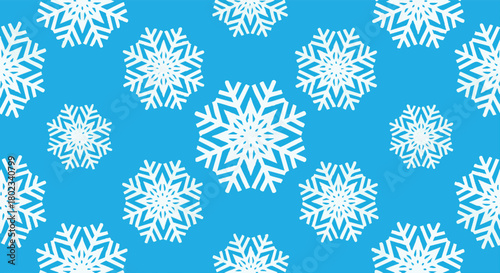 Seamless pattern of white snowflakes on a vibrant blue background, creating a festive and wintry design perfect for holiday decorations, seasonal greetings, and cold weather themes