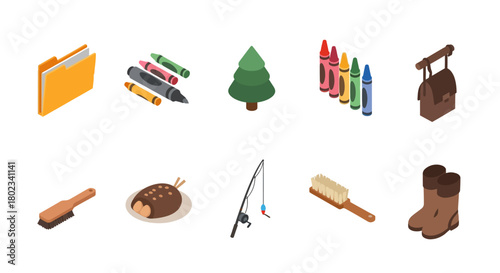 Isometric icons of crafting and outdoor gear for adventure enthusiasts