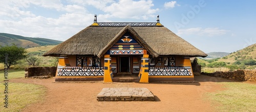 Colorful Ndebele Hut with Intricate Geometric Patterns and Thatched Roof in Sunny South African Landscape