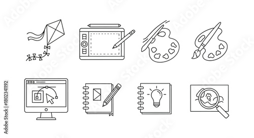 Creative design tools and concepts in modern linear style for innovative projects