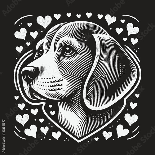 Monochrome Beagle Dog Portrait with Love Hearts Illustration.