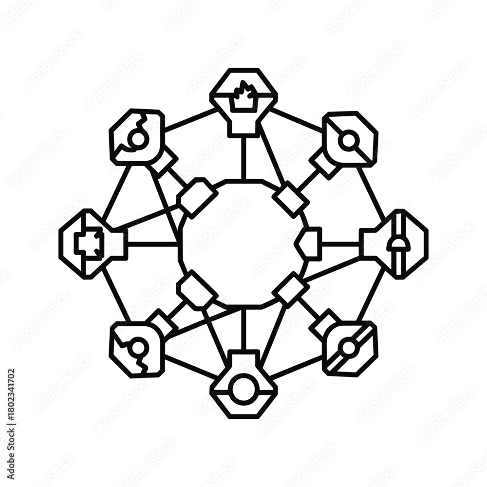 Fototapeta premium Connected enterprise system network with diverse hexagonal nodes illustrating various critical business functions.