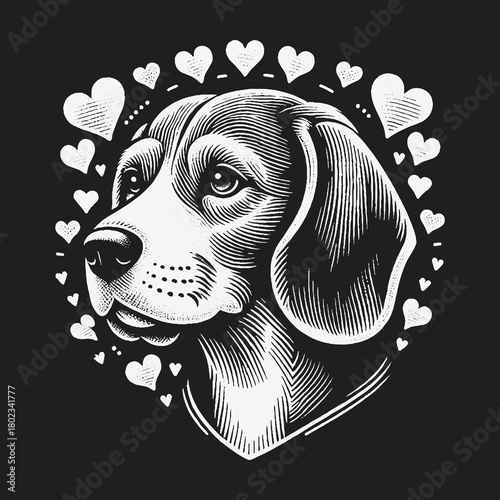Vintage Beagle Dog Portrait with Love Hearts Illustration.