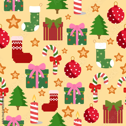  New Year's Christmas pattern pixel, card - scandynavian Norwegian sweater style.Traditional pixel ethnic pattern. Knitted Christmas Sweater Pattern Design or Cross Stitch Embroidery. Vector seamless