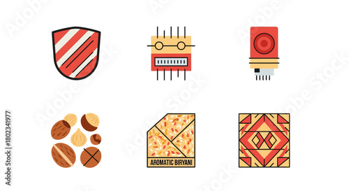 Colorful icon set featuring electronics, food, and geometric patterns in flat design