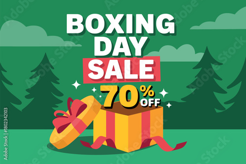Boxing Day sale offers 70% off on gifts and presents amidst festive evergreen trees.