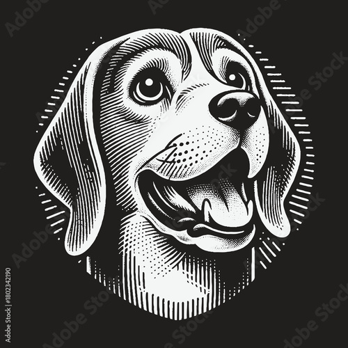 Happy Beagle Dog Head Portrait Vintage Engraving Style.
