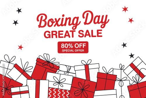 Boxing Day Great Sale: 80% Off Special Offer with Pile of Gift Boxes and Confetti