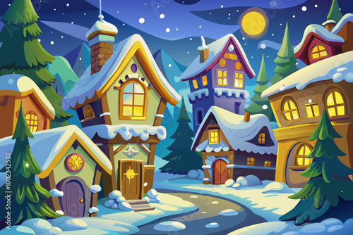 Little winter village covered in puffy snow, warm yellow windows glowing, playful snowflakes falling slowly