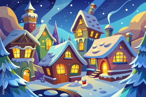 Little winter village covered in puffy snow, warm yellow windows glowing, playful snowflakes falling slowly