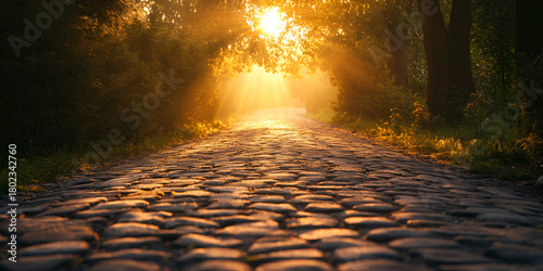 Golden Sunrise Over Rustic Cobblestone Forest Path