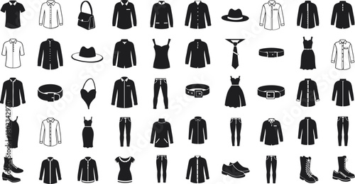 Collection of black and white clothing and accessory icons t shirt