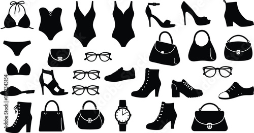 Collection of black silhouette fashion accessories including swimwear shoes handbags and eyeglasses