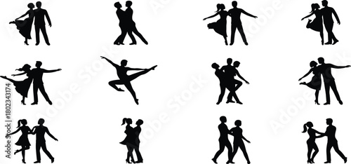 Collection of Black Silhouettes of Couples Dancing and a Solo Dancer ballet ballroom