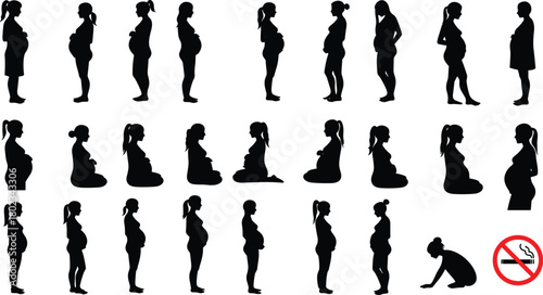Collection of black silhouettes of pregnant women in various poses and a no smoking sign