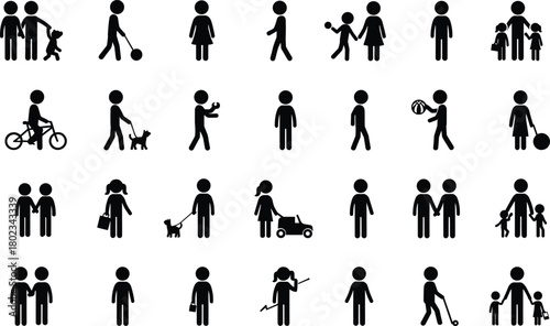 Collection of Black Stick Figure Icons Depicting Various Activities and Family Scenes