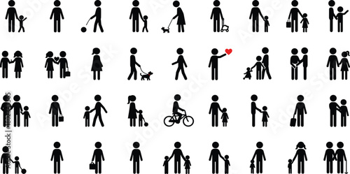 Collection of Black Stick Figure Icons Representing People and Family Activities