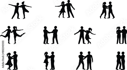 Diverse couple silhouettes dancing and posing in various styles vector