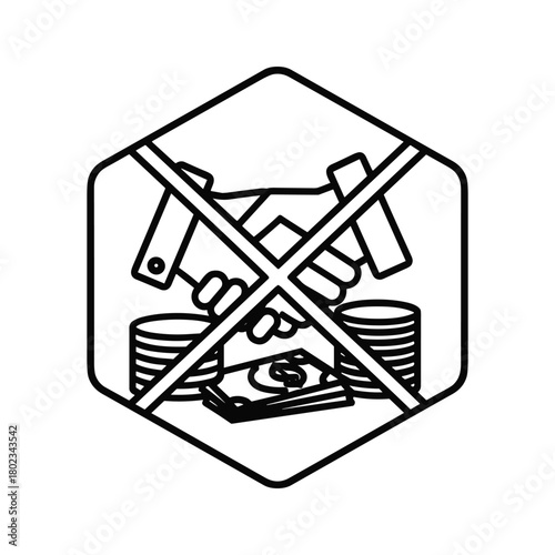 Prohibition of handshake deals and money transactions icon, symbolizing anti-corruption, illicit finance, and bribery.